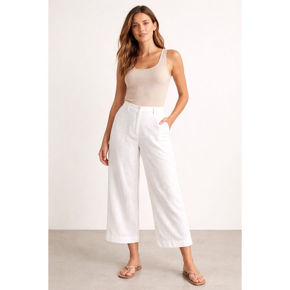 H&M White Linen Blend Wide Leg Cropped Pants Women’s US 6 EUR 36